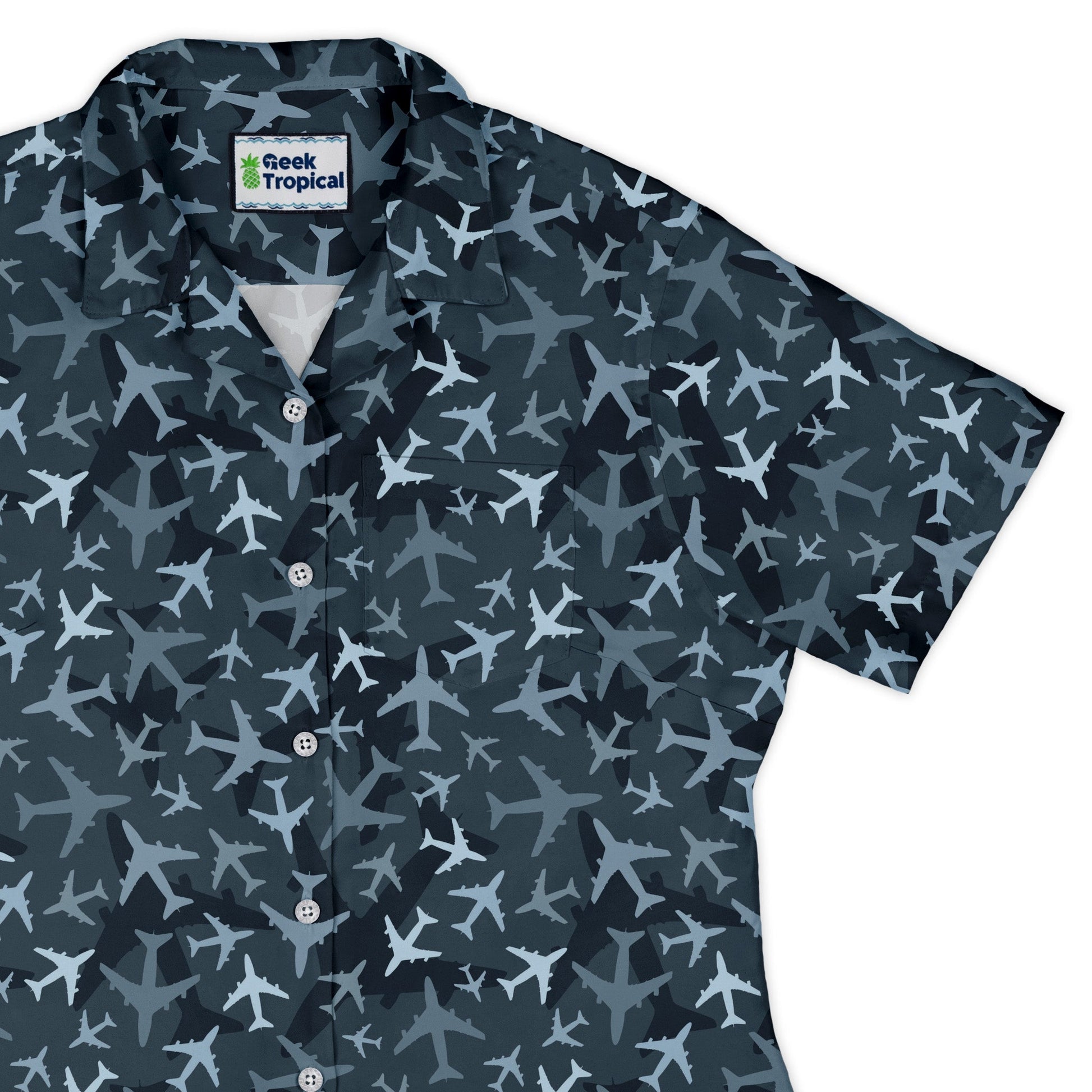 Airplanes Blue Camouflage Blue Curvy Button Up Shirt Geek Nerd aviation print women