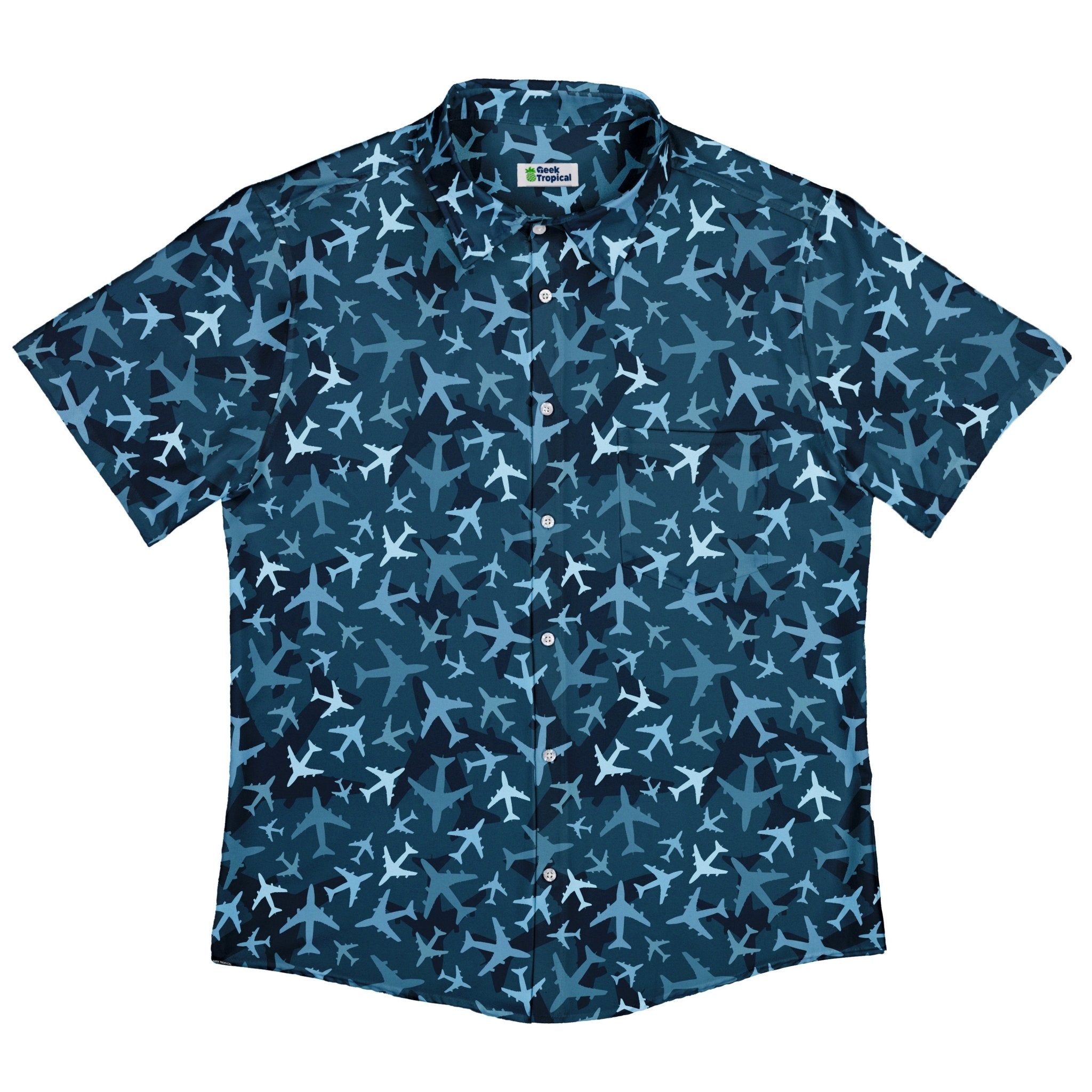 Airplanes Blue Camouflage Blue Button Up Shirt - adult sizing - aviation print -