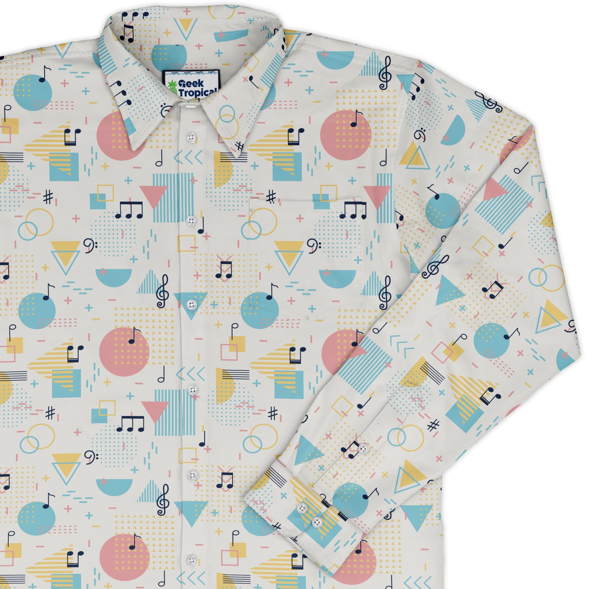 Alphabet Music Memphis Style White Long Sleeve Button Up Shirt