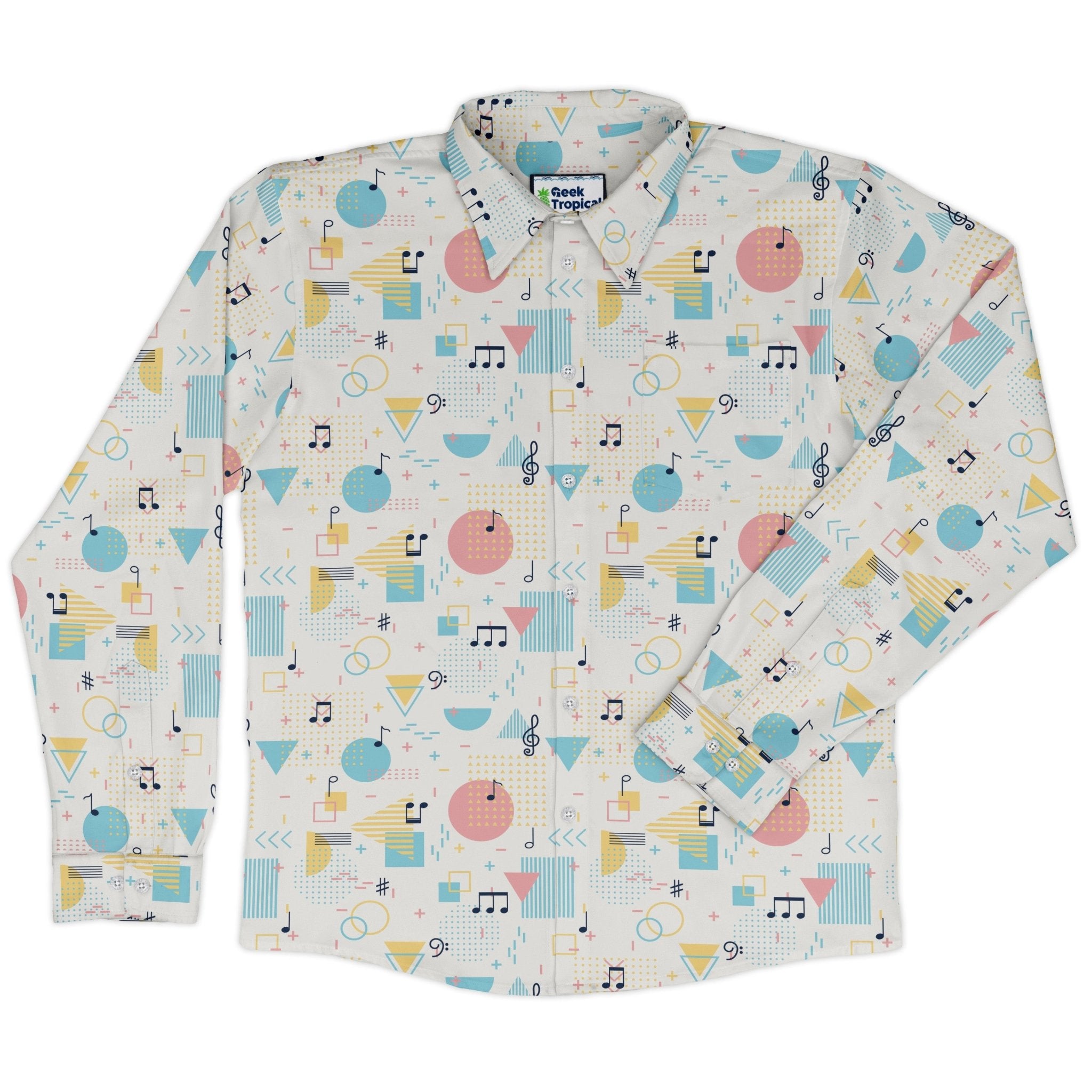 Alphabet Music Memphis Style White Long Sleeve Button Up Shirt Geek Nerd adult sizing FLOW DESC WRITING lifestyle photo