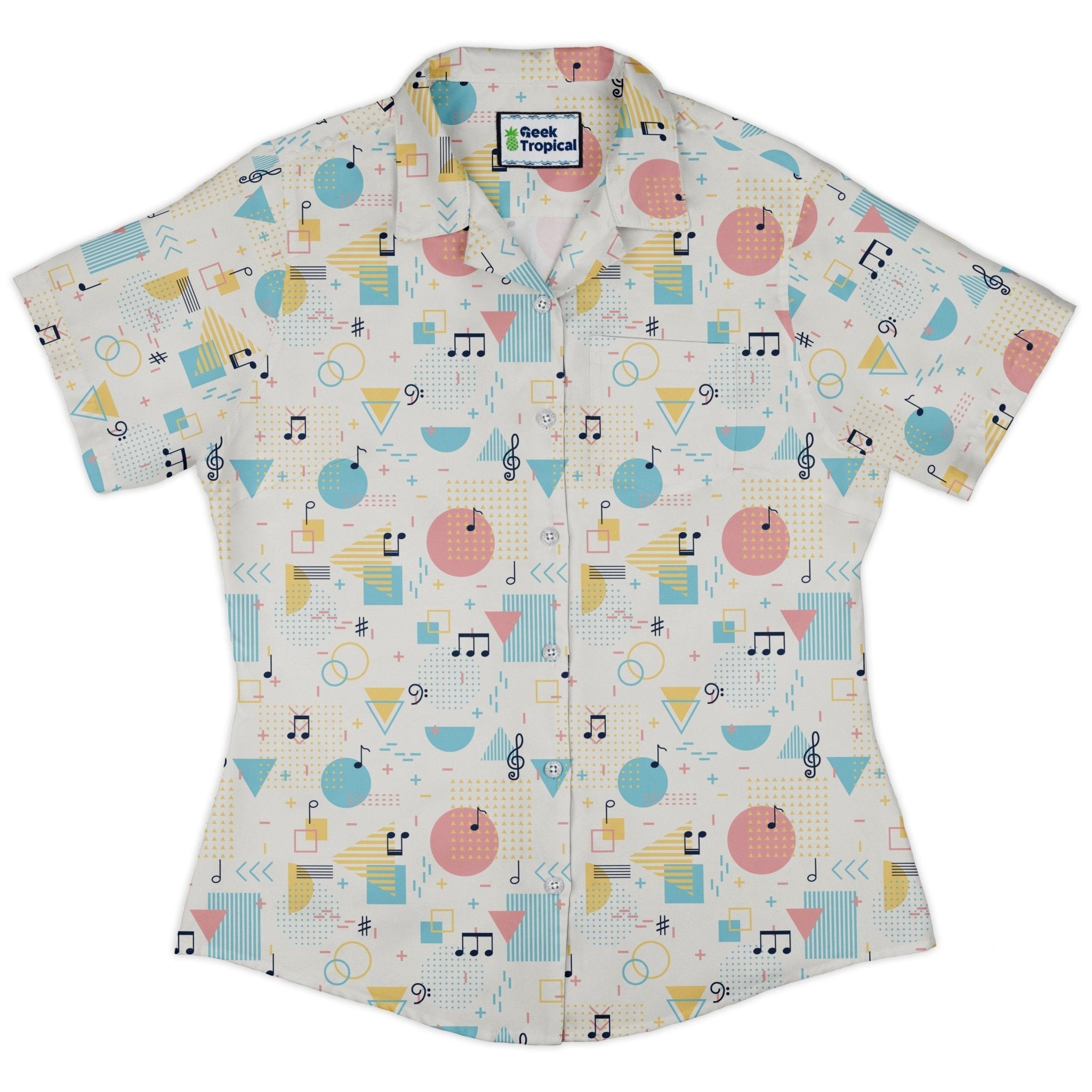 Clearance Ready - to - Ship Alphabet Music Memphis Style White Curvy Button Up Shirt Geek Nerd Clearance lifestyle photo Maximalist Patterns