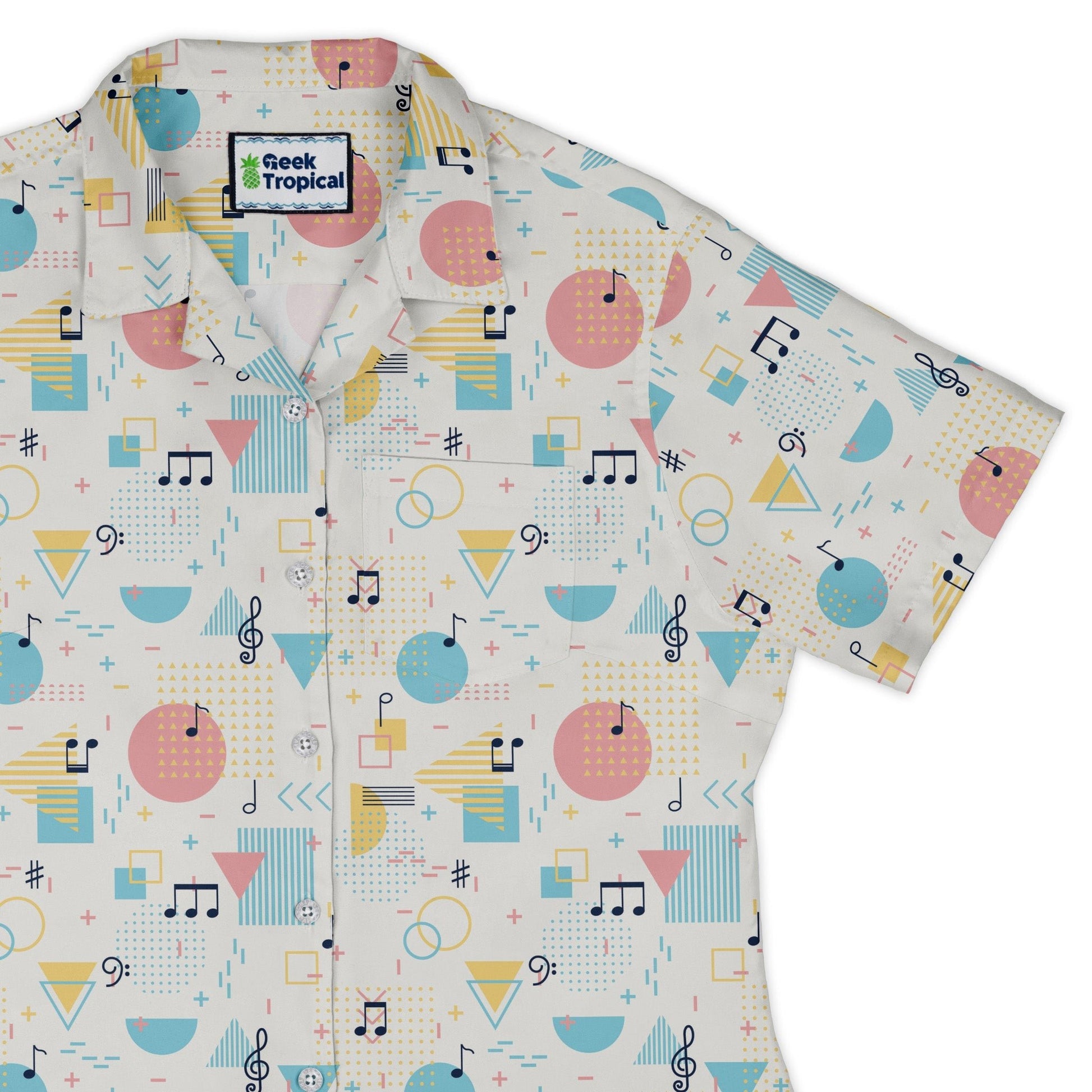 Alphabet Music Memphis Style White Curvy Button Up Shirt Geek Nerd lifestyle photo Maximalist Patterns music print