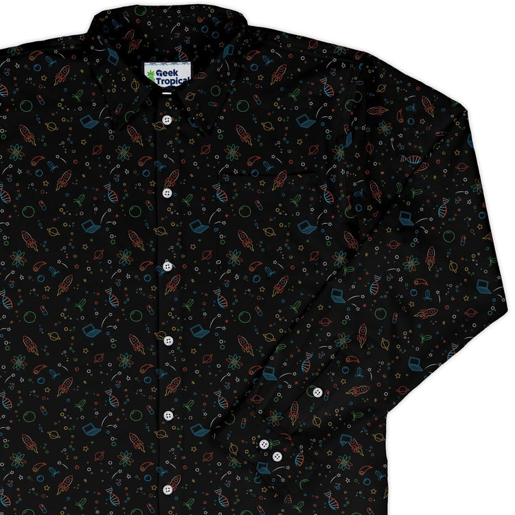 Always Science Icons Long Sleeve Button Up Shirt Geek Nerd adult sizing Design by Tobe Fonseca FLOW DESC WRITING