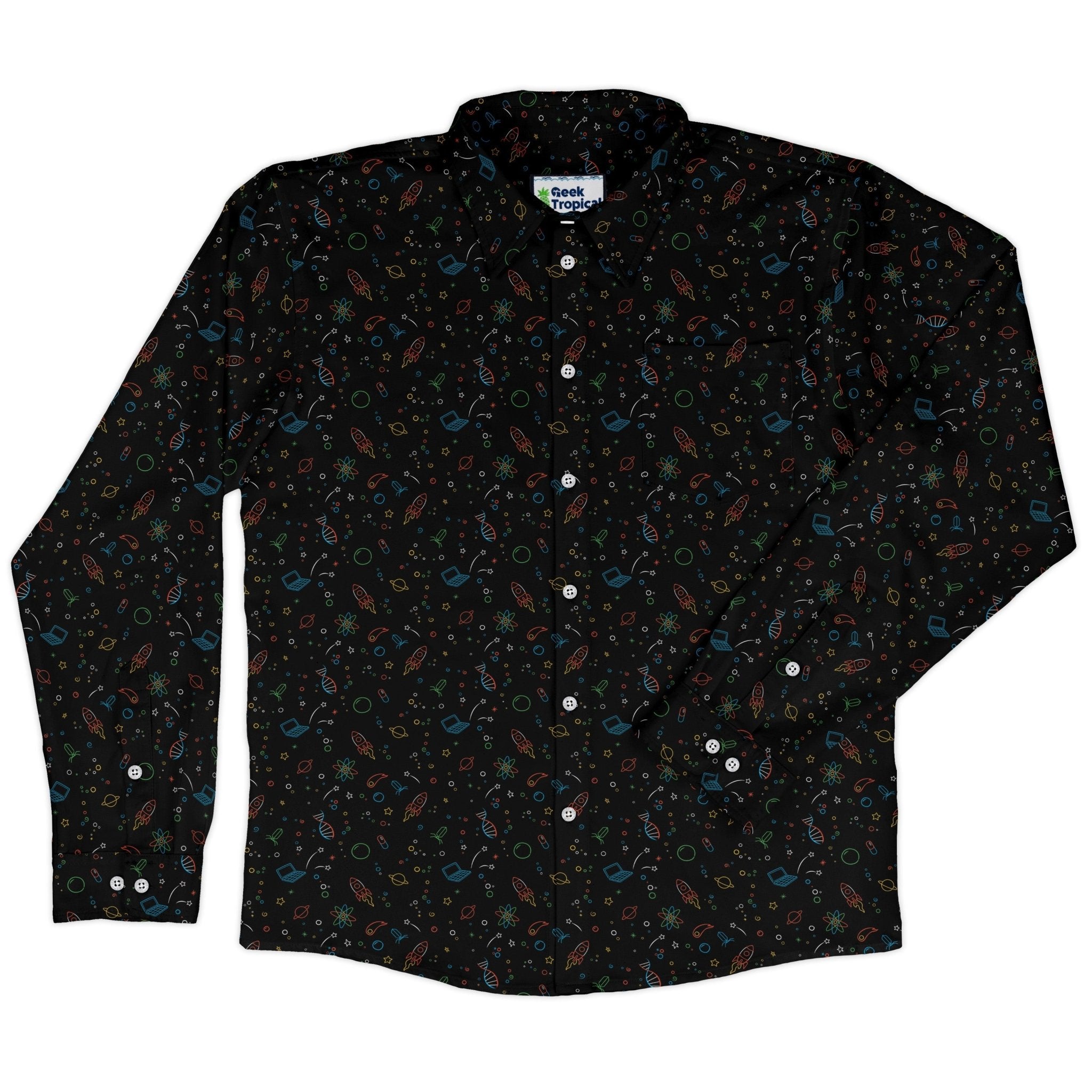 Always Science Icons Long Sleeve Button Up Shirt Geek Nerd adult sizing Design by Tobe Fonseca FLOW DESC WRITING
