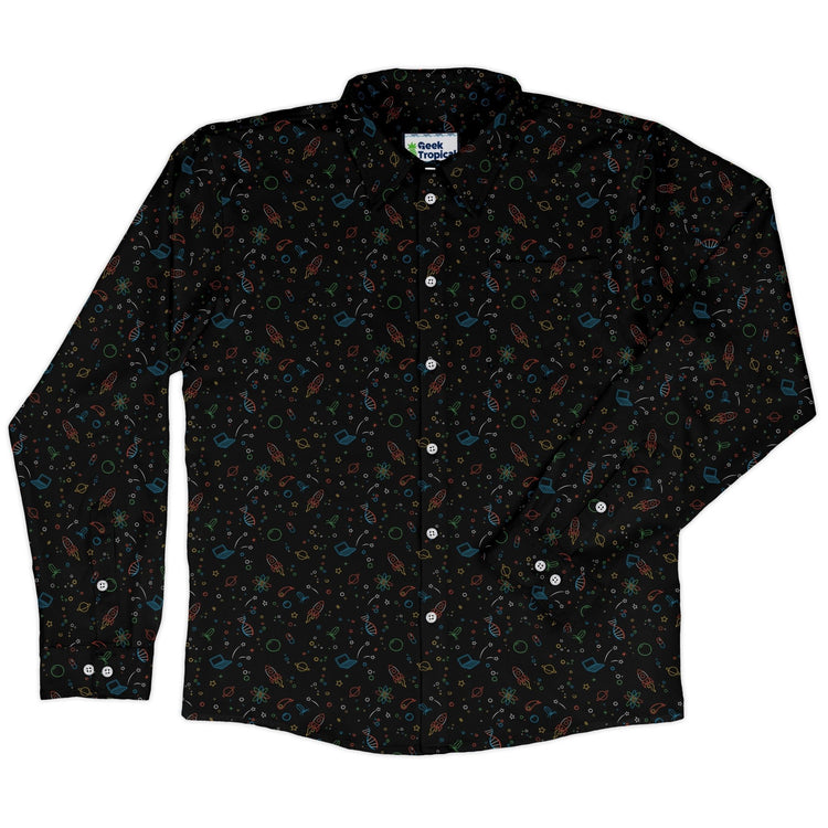 Always Science Icons Long Sleeve Button Up Shirt Geek Nerd adult sizing Design by Tobe Fonseca FLOW DESC WRITING