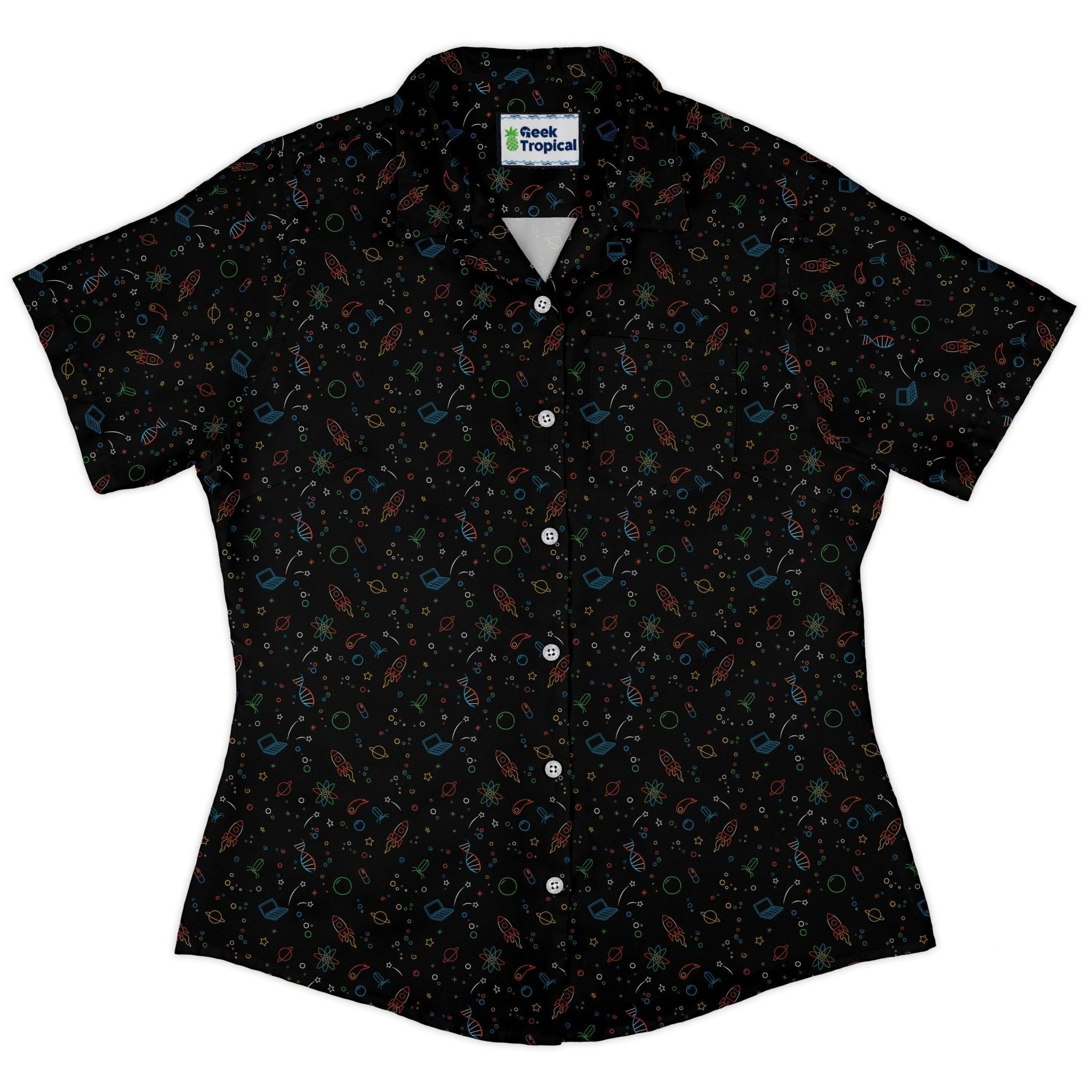 Always Science Icons Curvy Button Up Shirt Geek Nerd Design by Tobe Fonseca Q3 - 2 science print