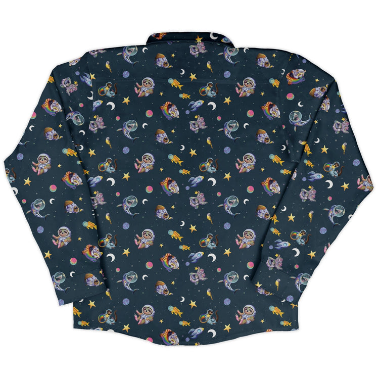 Animal Astronauts in Space Long Sleeve Button Up Shirt Geek Nerd adult sizing Animal Patterns Design by Carla Morrow