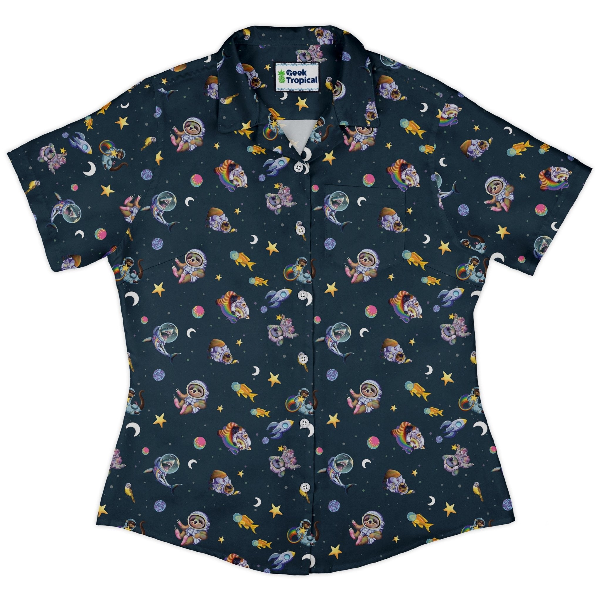 Animal Astronauts in Space Curvy Button Up Shirt Geek Nerd Animal Patterns Design by Carla Morrow outer space & astronaut print