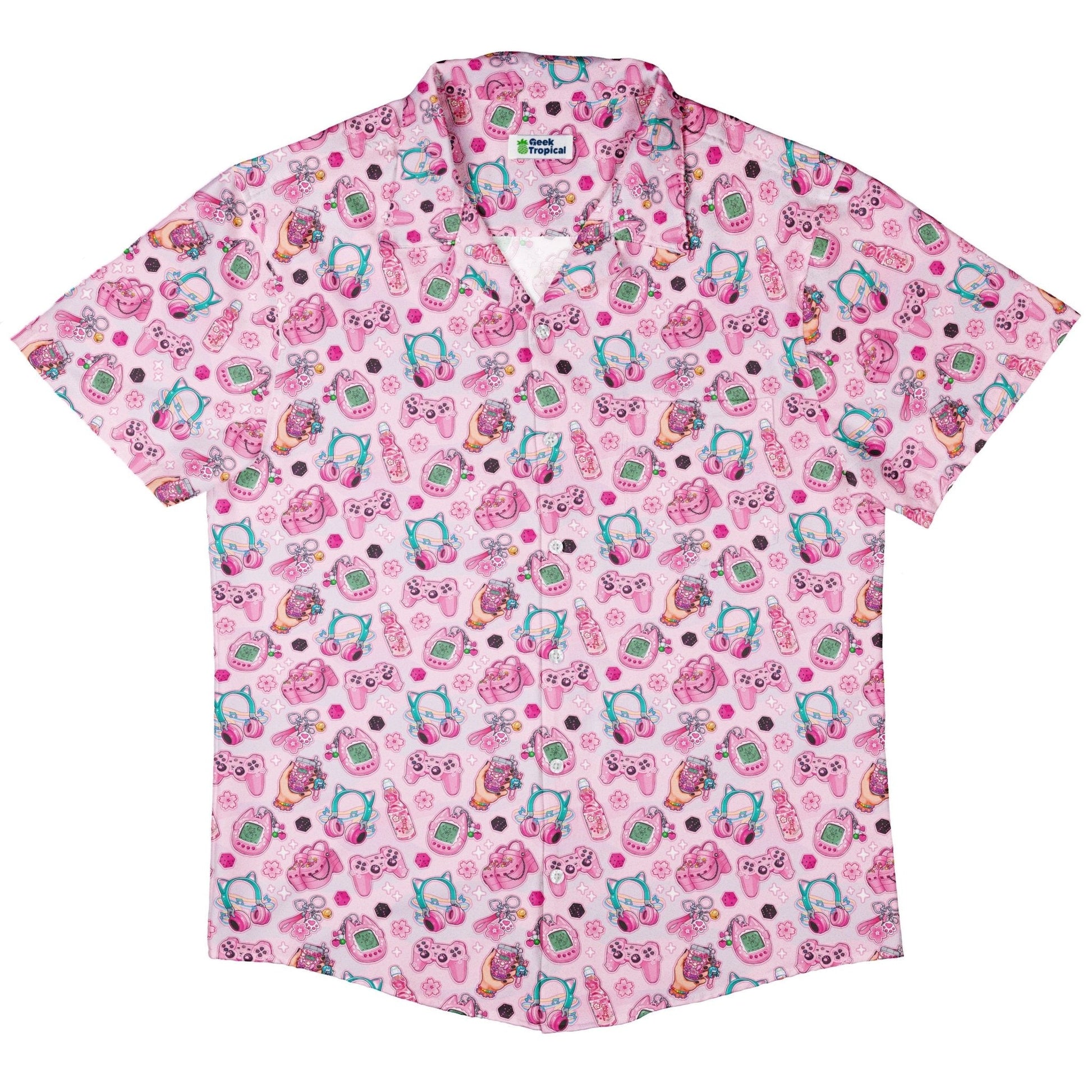 Clearance Ready - to - Ship Anime Gamer Items Pink Button Up Shirt Geek Nerd adult sizing All Adult Button Up Shirts Anime