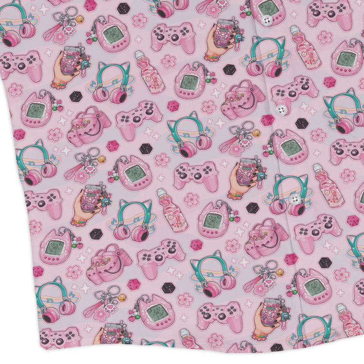 Anime Gamer Items Pink Long Sleeve Button Up Shirt Geek Nerd adult sizing Anime FLOW DESC WRITING