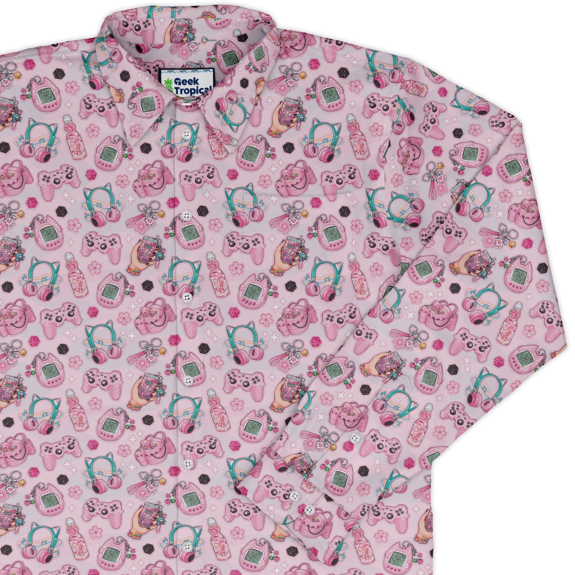 Anime Gamer Items Pink Long Sleeve Button Up Shirt