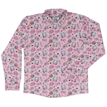 Anime Gamer Items Pink Long Sleeve Button Up Shirt Geek Nerd adult sizing Anime FLOW DESC WRITING