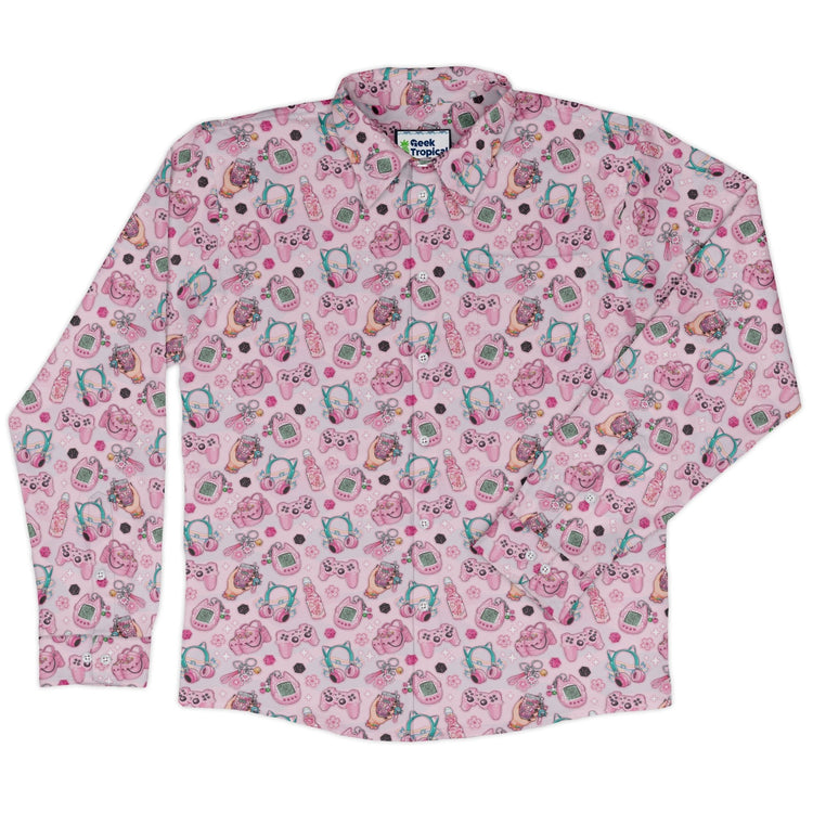 Anime Gamer Items Pink Long Sleeve Button Up Shirt Geek Nerd adult sizing Anime FLOW DESC WRITING