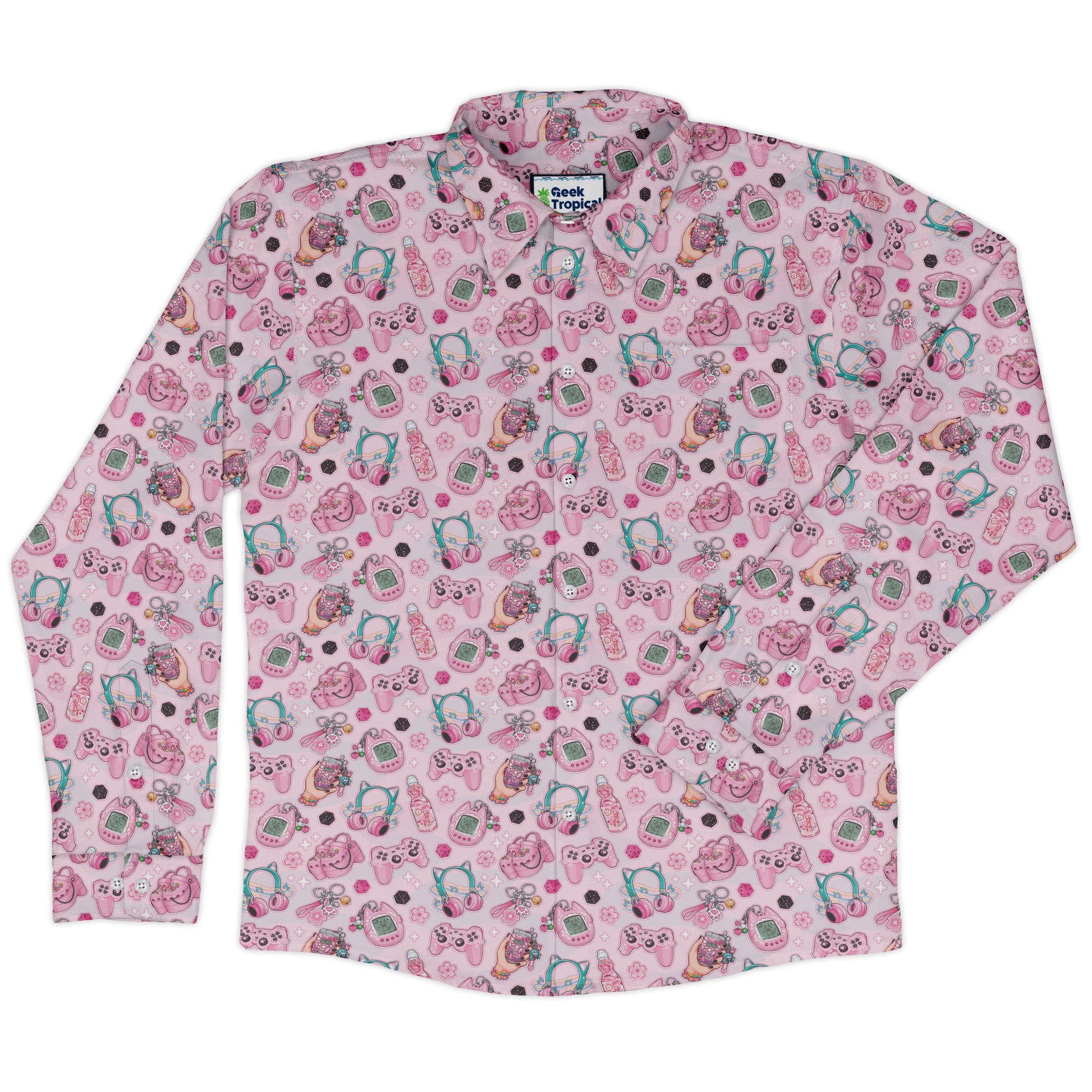 Anime Gamer Items Pink Long Sleeve Button Up Shirt