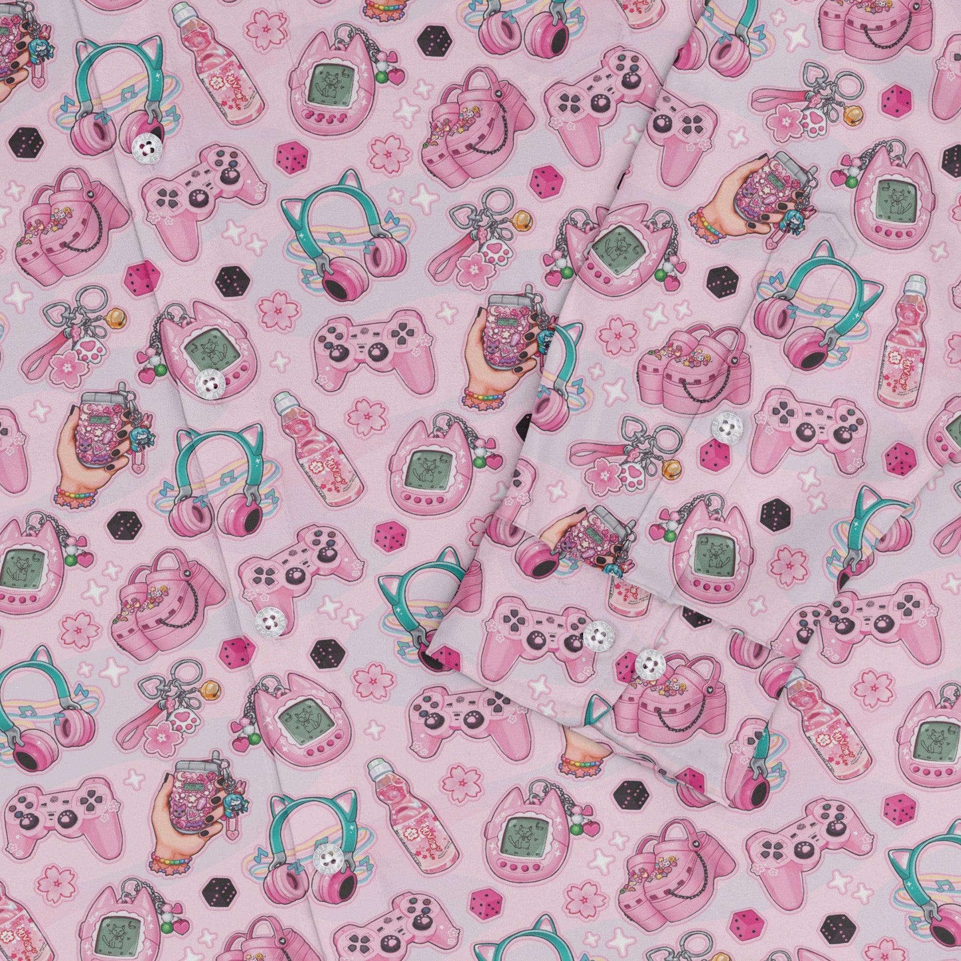 Anime Gamer Items Pink Long Sleeve Button Up Shirt