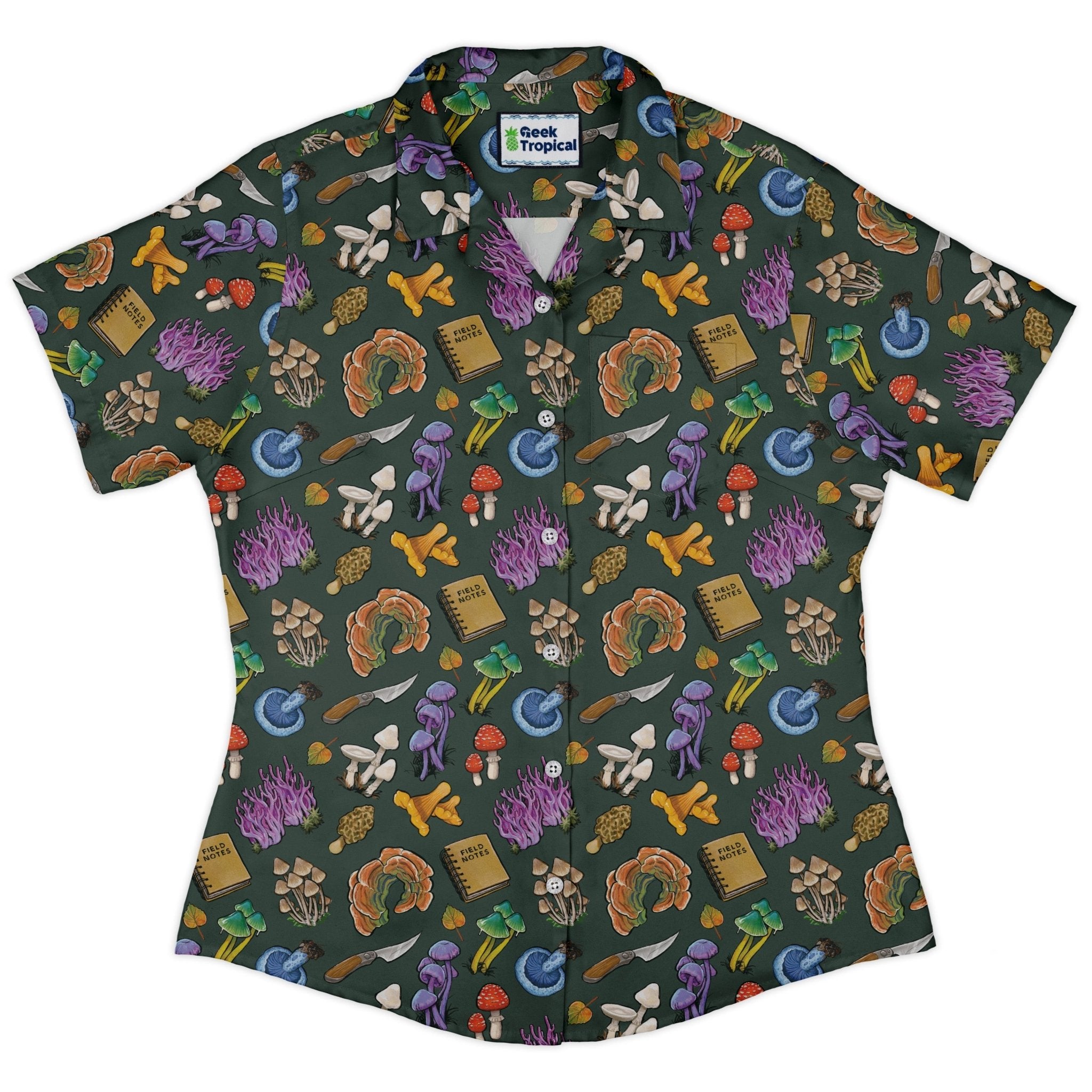 Anime Mushrooms Curvy Button Up Shirt Geek Nerd Anime Botany Print Ivy Dolamore