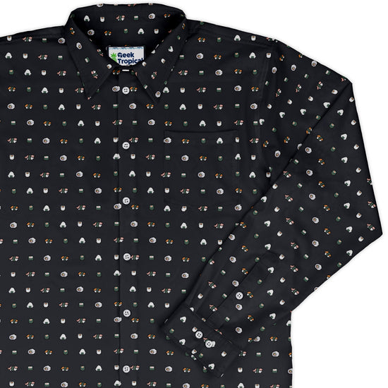 Anime Sushi Rolls Dark Long Sleeve Button Up Shirt Geek Nerd adult sizing Anime Design by Claire Murphy