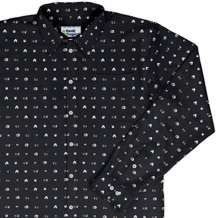 Anime Sushi Rolls Dark Long Sleeve Button Up Shirt Geek Nerd adult sizing Anime Design by Claire Murphy