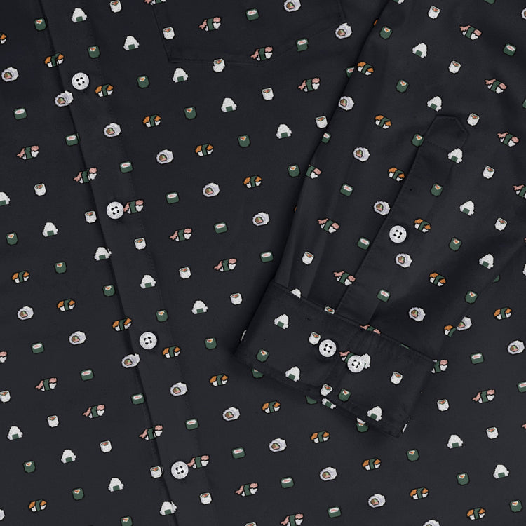 Anime Sushi Rolls Dark Long Sleeve Button Up Shirt Geek Nerd adult sizing Anime Design by Claire Murphy