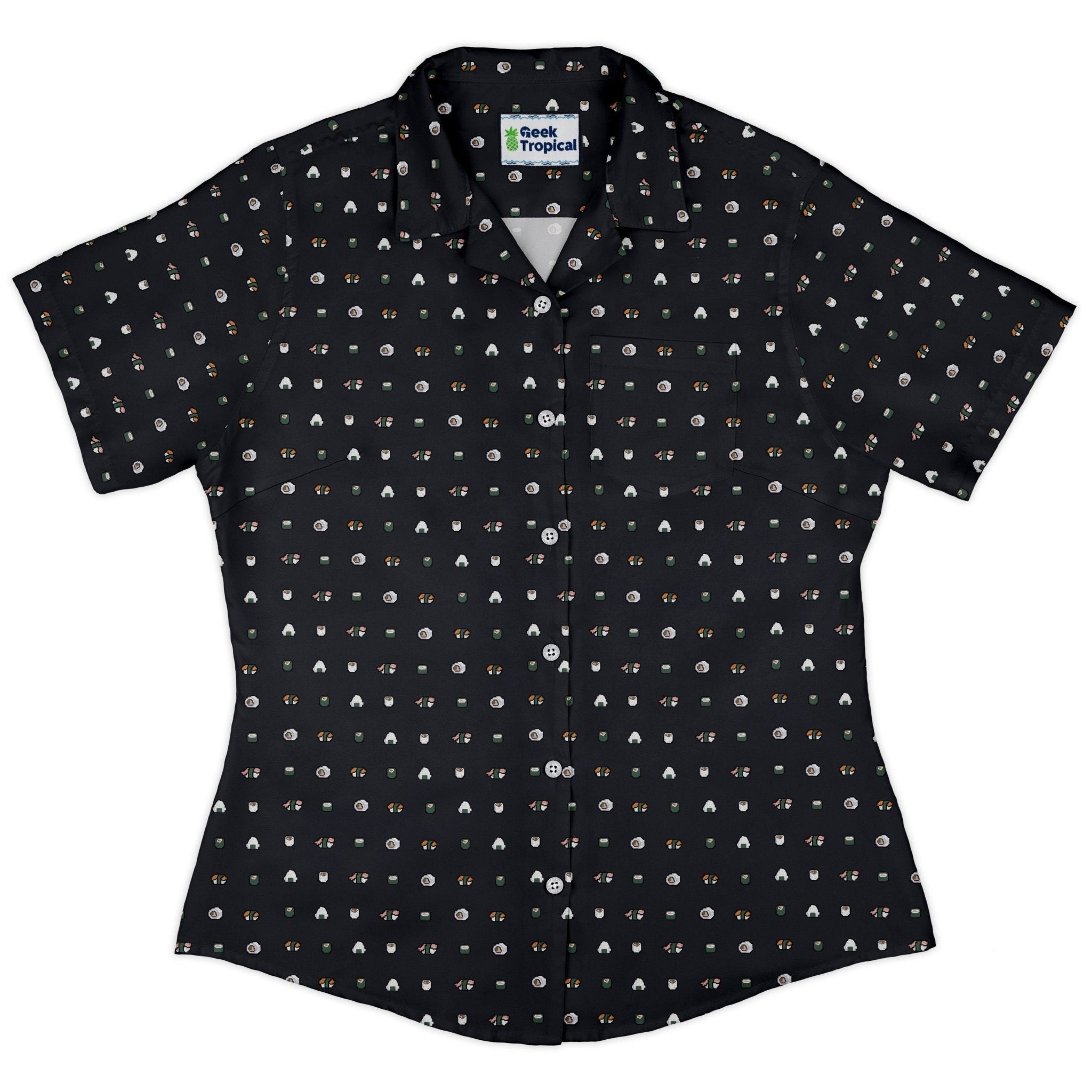 Clearance Ready - to - Ship Anime Sushi Rolls Dark Curvy Button Up Shirt Geek Nerd Anime Clearance Design by Claire Murphy
