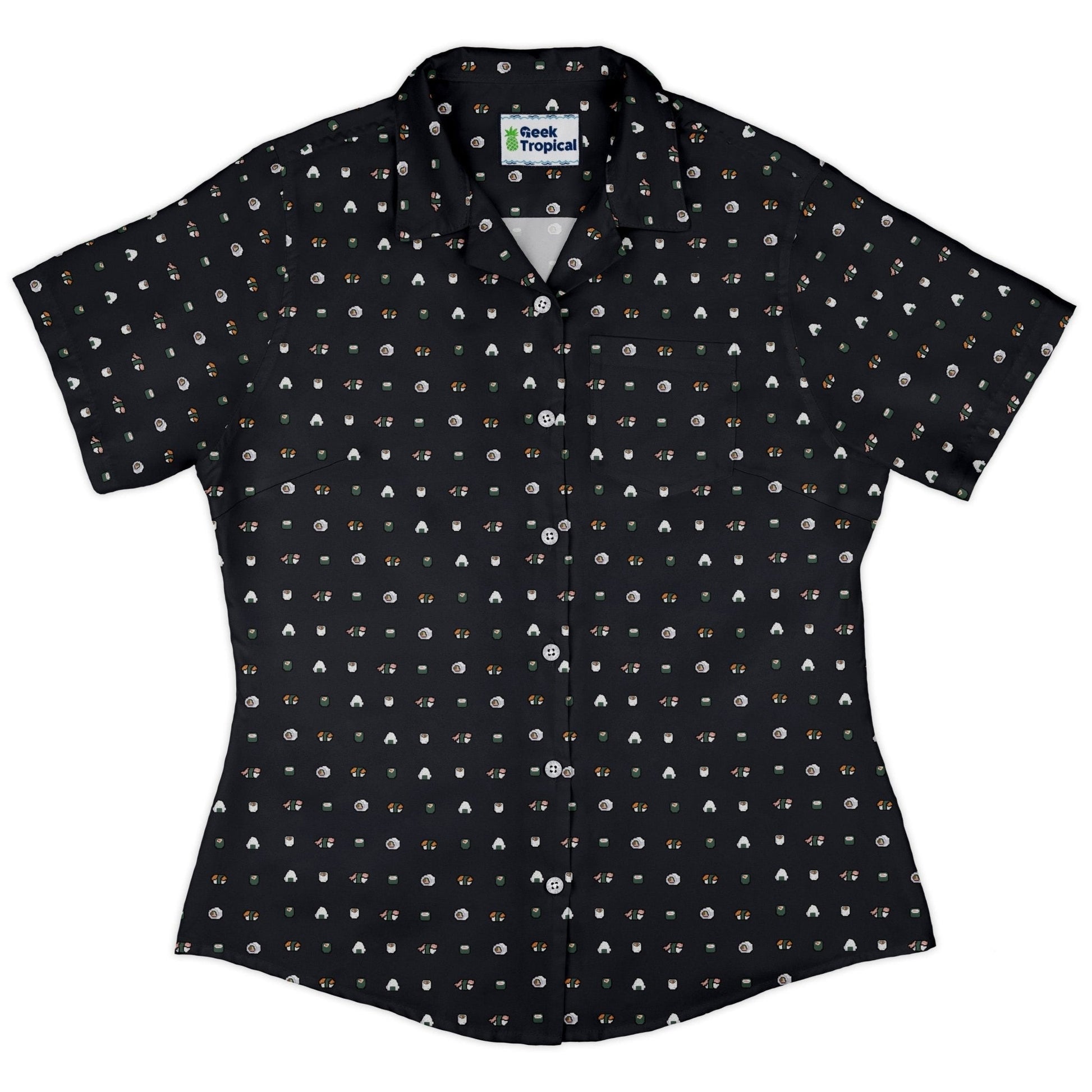 Clearance Ready - to - Ship Anime Sushi Rolls Dark Curvy Button Up Shirt Geek Nerd Anime Clearance Design by Claire Murphy