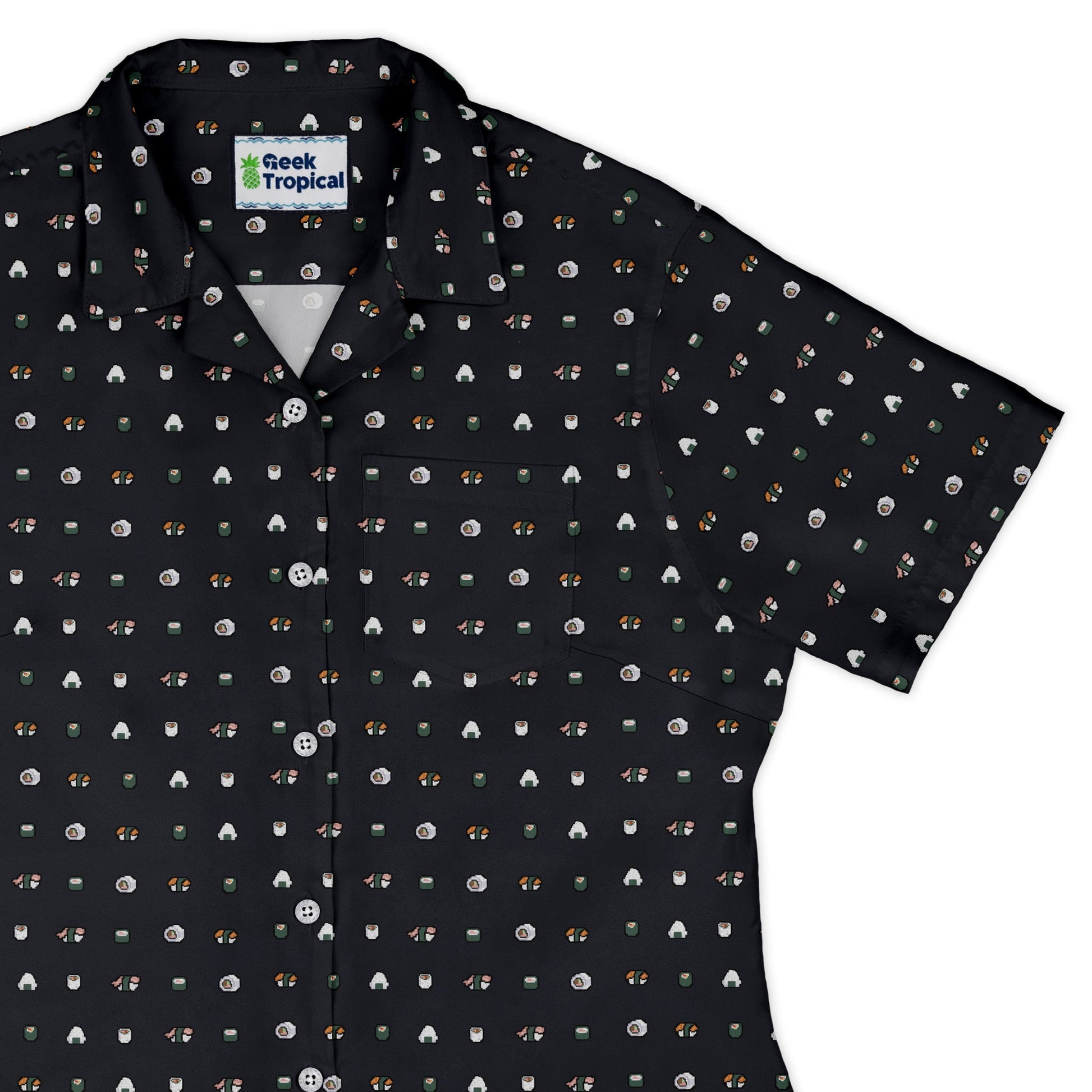 Anime Sushi Rolls Dark Curvy Button Up Shirt Geek Nerd Anime Design by Claire Murphy women