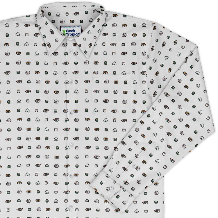 Anime Sushi Rolls Light Long Sleeve Button Up Shirt Geek Nerd adult sizing Anime Design by Claire Murphy