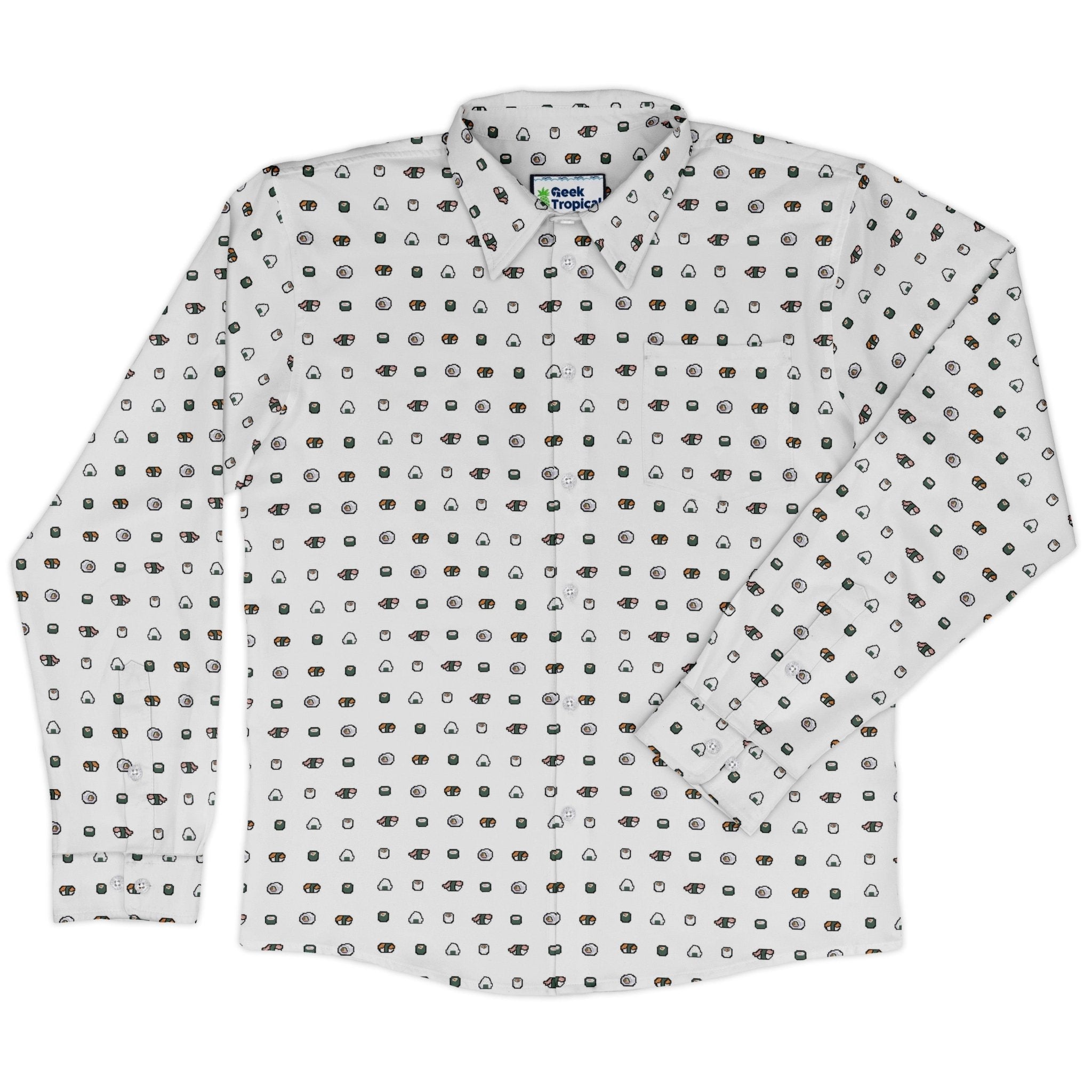 Anime Sushi Rolls Light Long Sleeve Button Up Shirt Geek Nerd adult sizing Anime Design by Claire Murphy