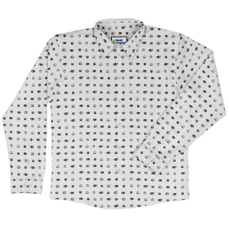 Anime Sushi Rolls Light Long Sleeve Button Up Shirt Geek Nerd adult sizing Anime Design by Claire Murphy
