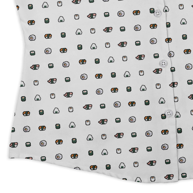 Anime Sushi Rolls Light Curvy Button Up Shirt Geek Nerd Anime Design by Claire Murphy women