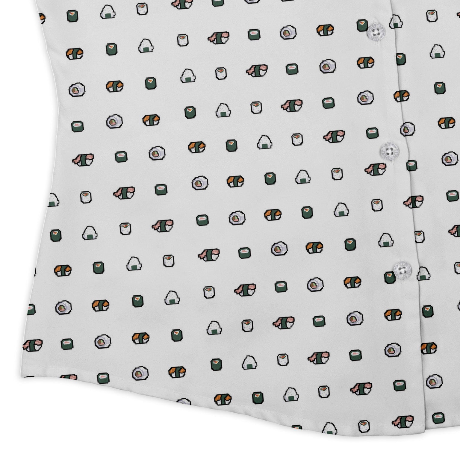 Anime Sushi Rolls Light Curvy Button Up Shirt Geek Nerd Anime Design by Claire Murphy women