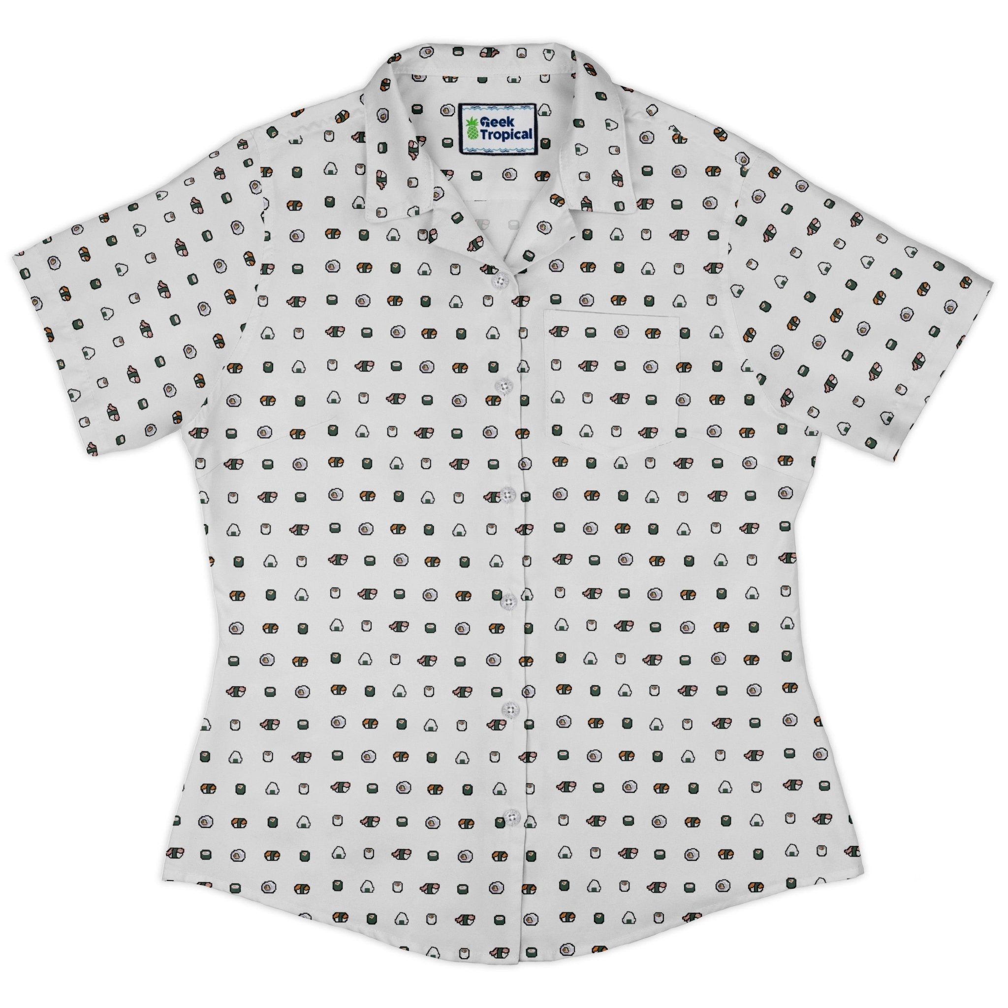 Anime Sushi Rolls Light Curvy Button Up Shirt Geek Nerd Anime Design by Claire Murphy women