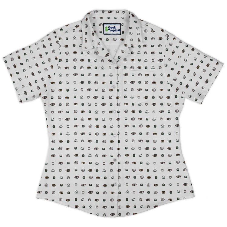 Anime Sushi Rolls Light Curvy Button Up Shirt Geek Nerd Anime Design by Claire Murphy women