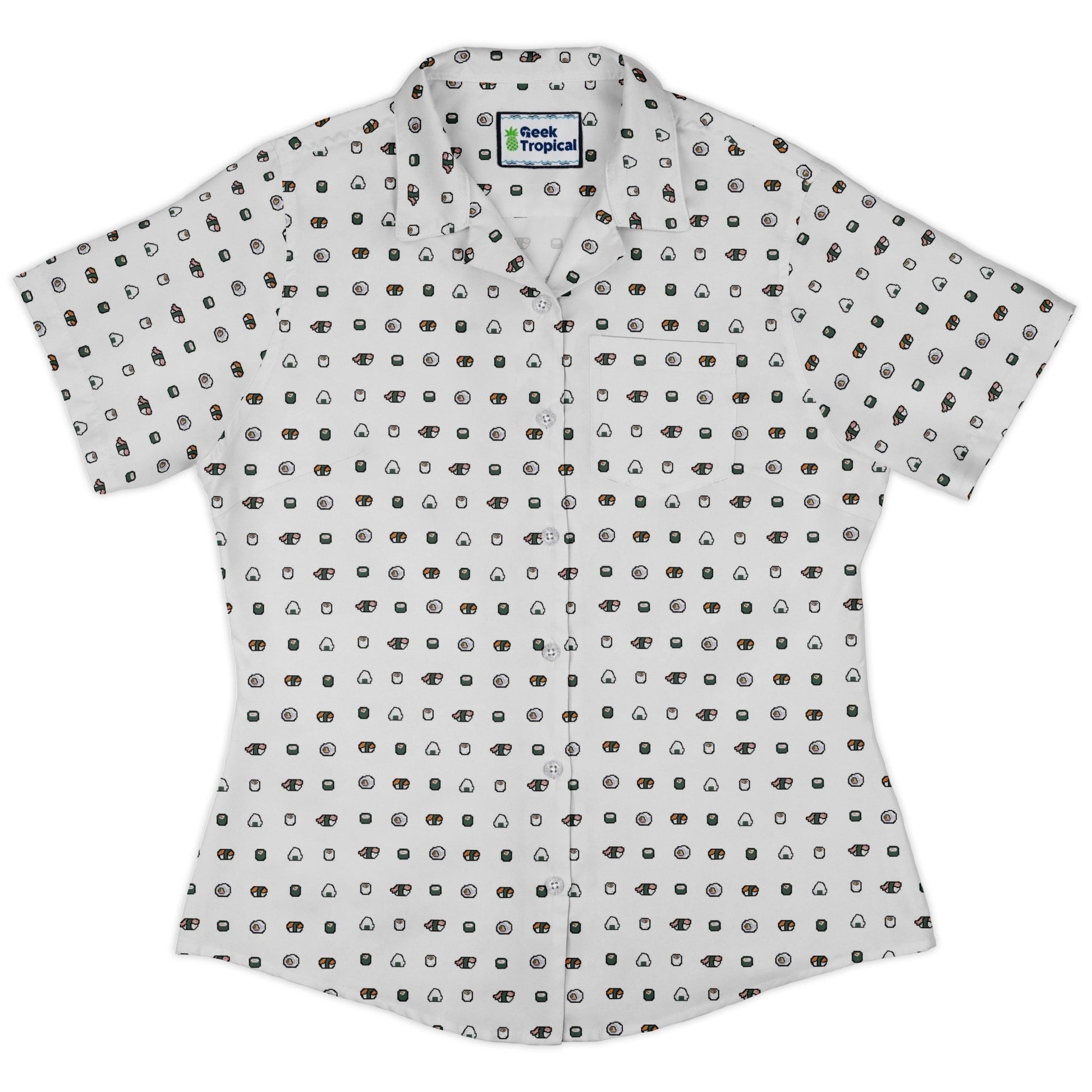 Anime Sushi Rolls Light Curvy Button Up Shirt Geek Nerd Anime Design by Claire Murphy women