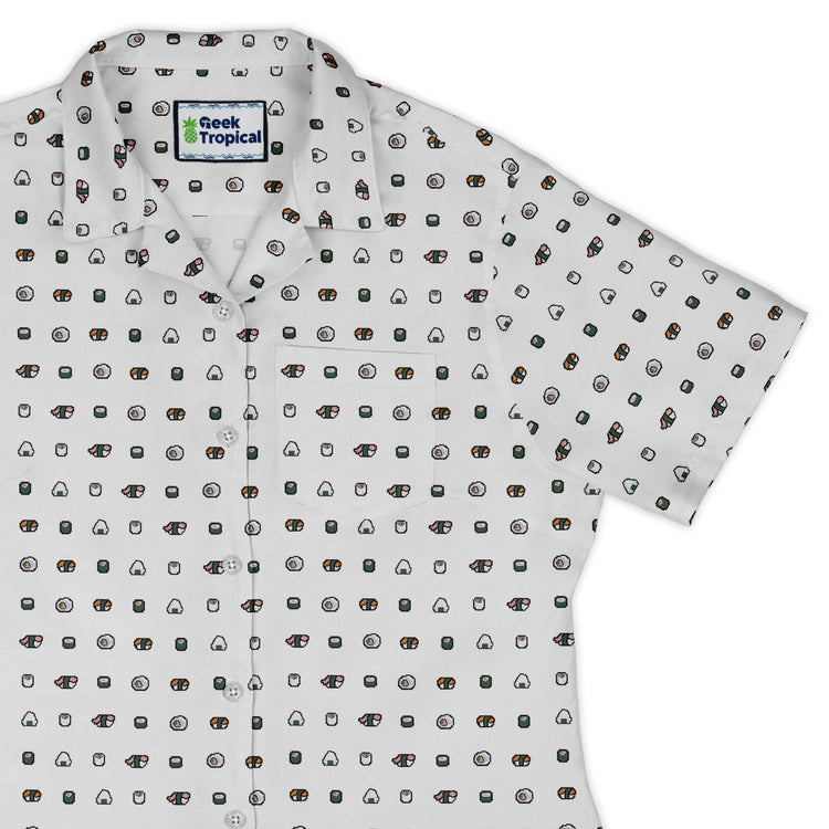 Anime Sushi Rolls Light Curvy Button Up Shirt Geek Nerd Anime Design by Claire Murphy women
