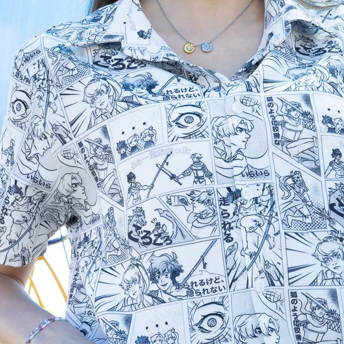 Geek Tropical Manga Button Up Shirt Geek Nerd adult sizing Anime Design by Claire Murphy