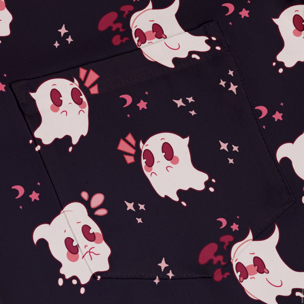 Anxious Ghost Red Button Up Shirt Geek Nerd adult sizing Anime Design by Ardi Tong