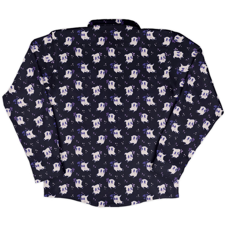 Anxious Ghosts Purple Long Sleeve Button Up Shirt Geek Nerd adult sizing Anime Design by Ardi Tong