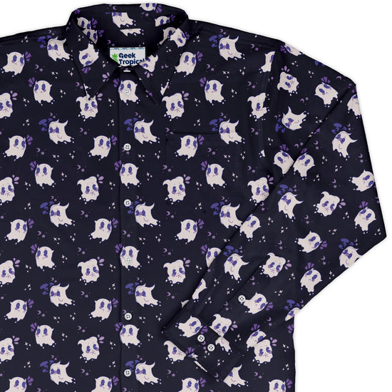 Anxious Ghosts Purple Long Sleeve Button Up Shirt Geek Nerd adult sizing Anime Design by Ardi Tong