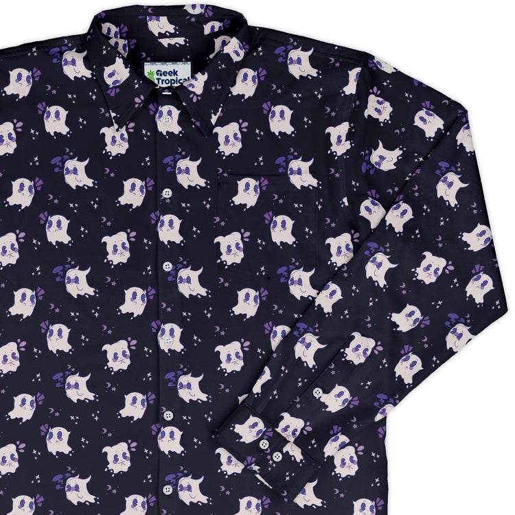 Anxious Ghosts Purple Long Sleeve Button Up Shirt Geek Nerd adult sizing Anime Design by Ardi Tong