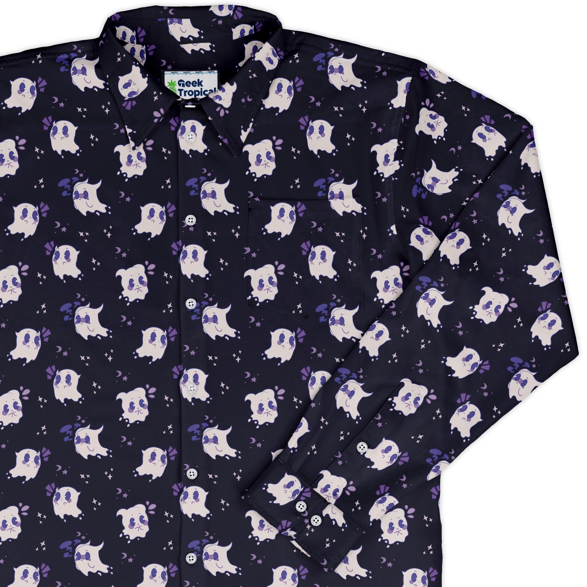 Anxious Ghosts Purple Long Sleeve Button Up Shirt