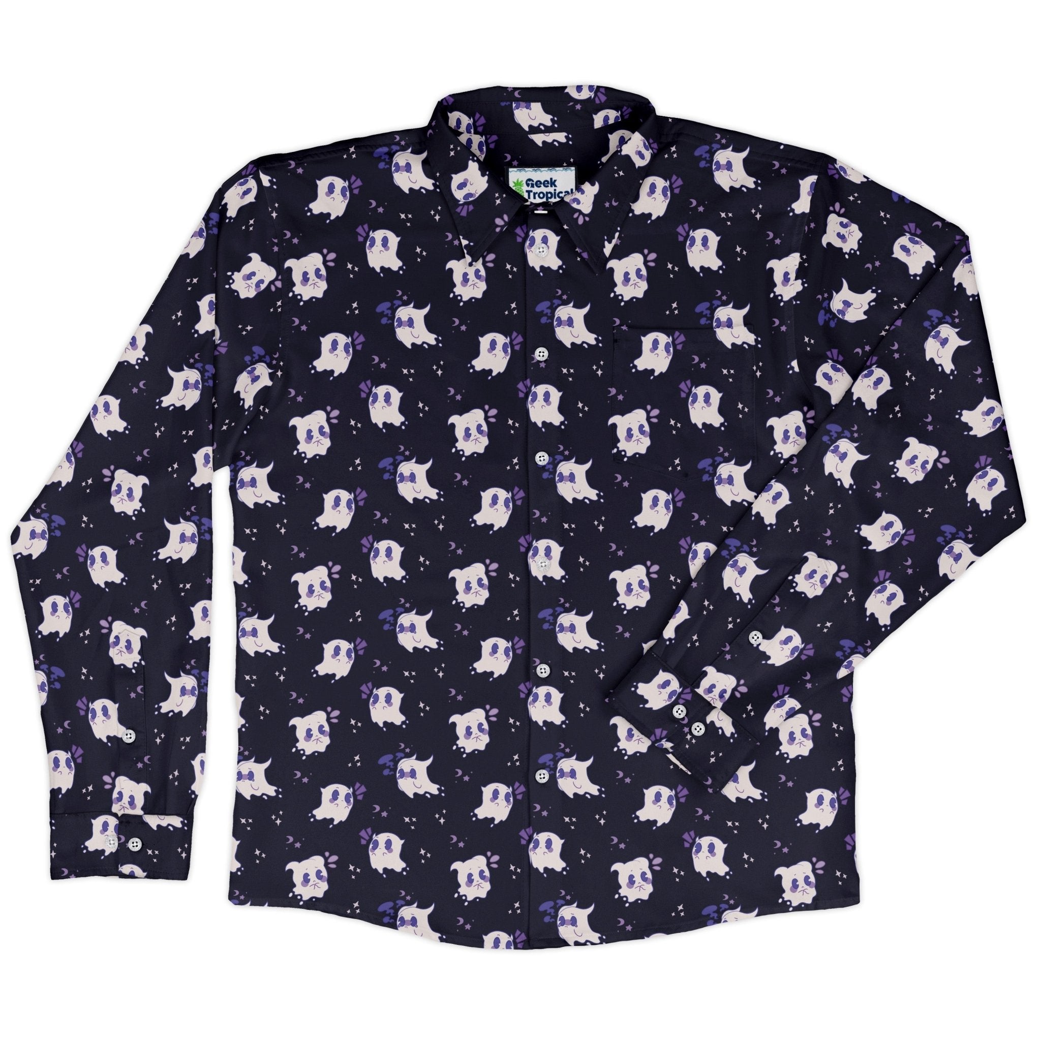 Anxious Ghosts Purple Long Sleeve Button Up Shirt Geek Nerd adult sizing Anime Design by Ardi Tong