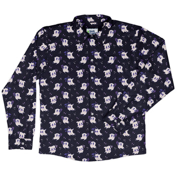 Anxious Ghosts Purple Long Sleeve Button Up Shirt Geek Nerd adult sizing Anime Design by Ardi Tong