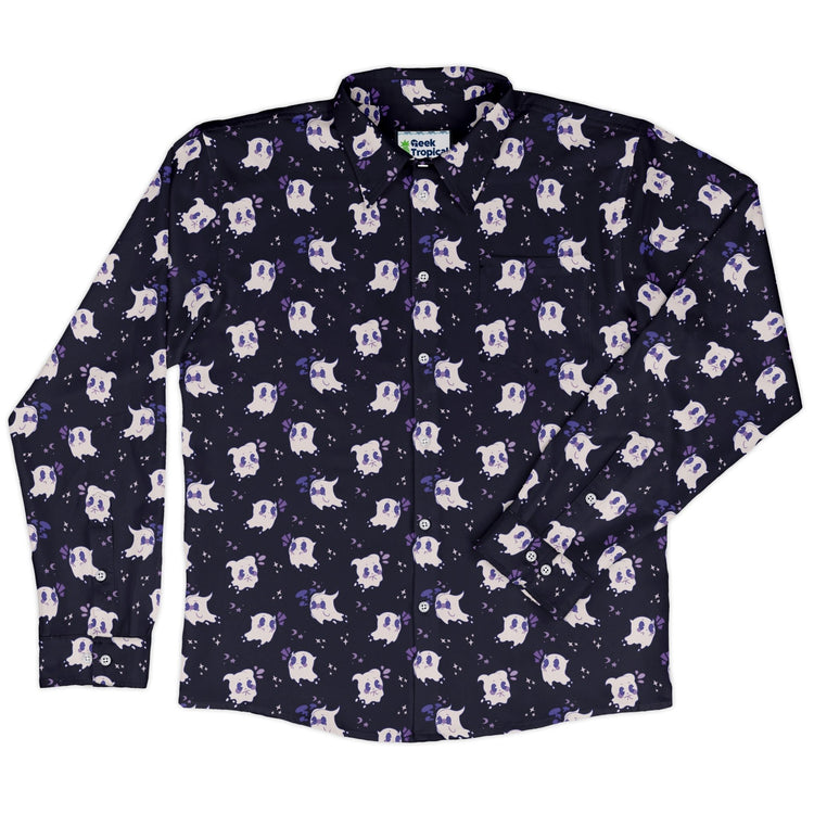 Anxious Ghosts Purple Long Sleeve Button Up Shirt Geek Nerd adult sizing Anime Design by Ardi Tong