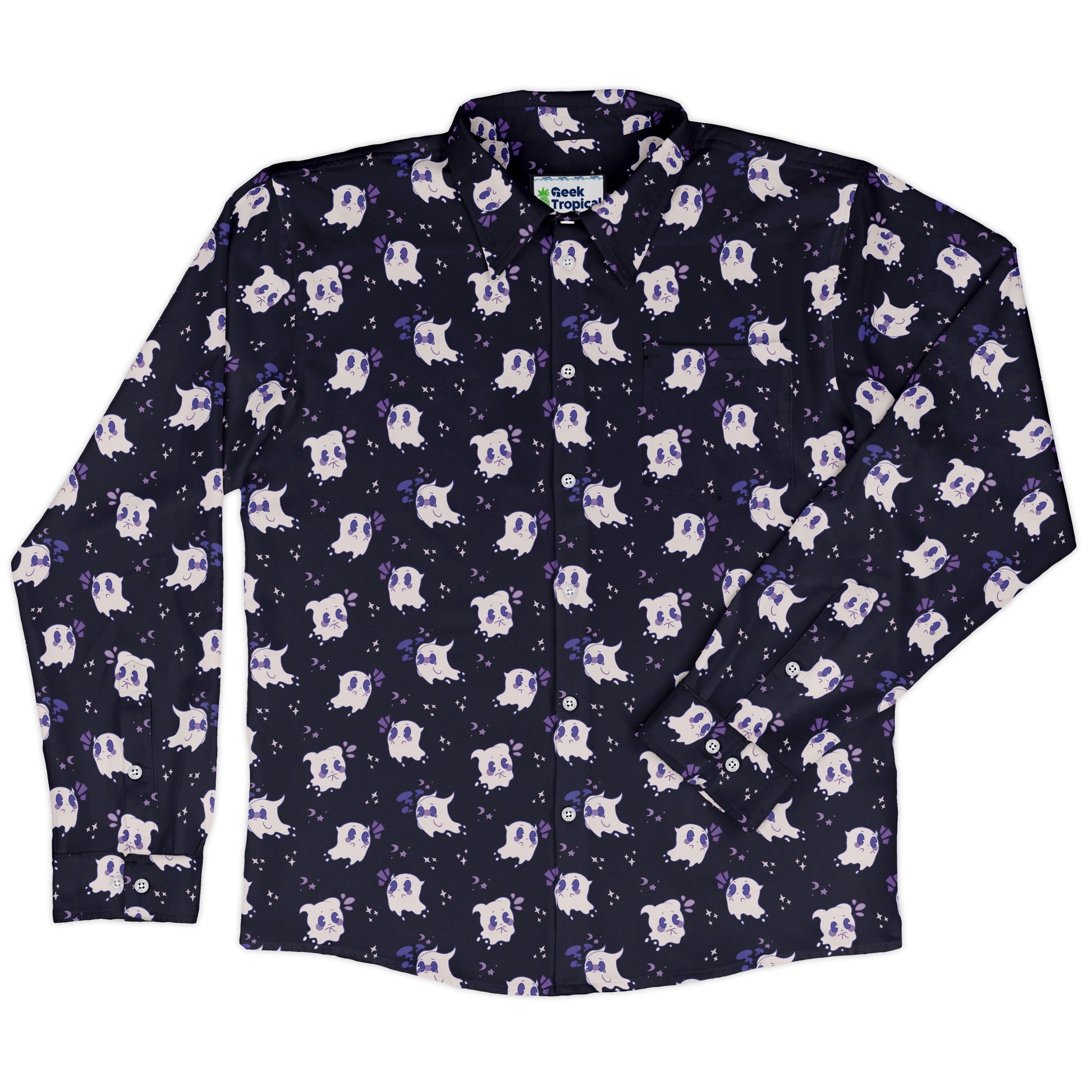 Anxious Ghosts Purple Long Sleeve Button Up Shirt