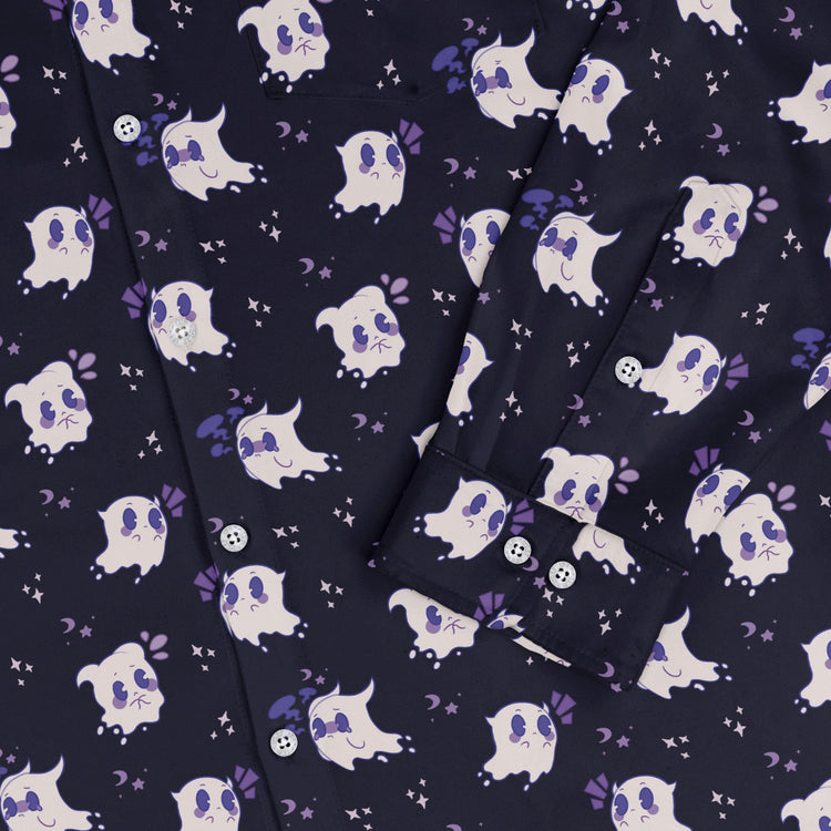 Anxious Ghosts Purple Long Sleeve Button Up Shirt Geek Nerd adult sizing Anime Design by Ardi Tong