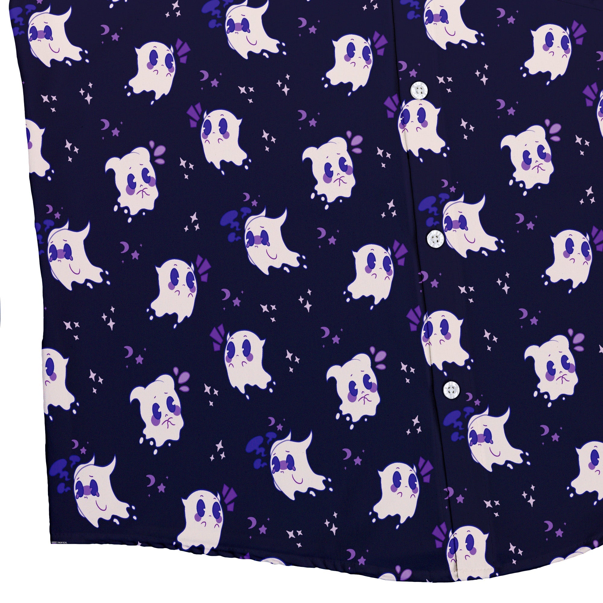 Anxious Ghost Purple Button Up Shirt - adult sizing - Anime - Design by Ardi Tong