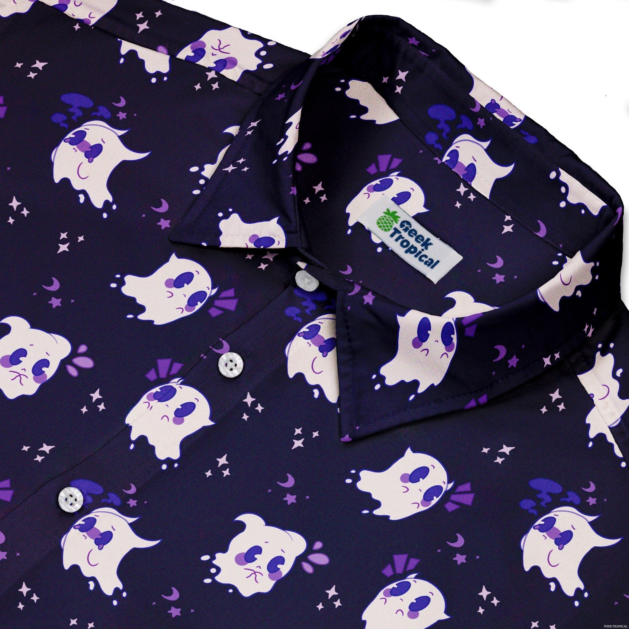 Anxious Ghost Purple Button Up Shirt - adult sizing - Anime - Design by Ardi Tong