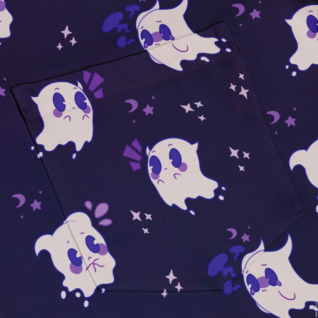 Anxious Ghost Purple Button Up Shirt - adult sizing - Anime - Design by Ardi Tong