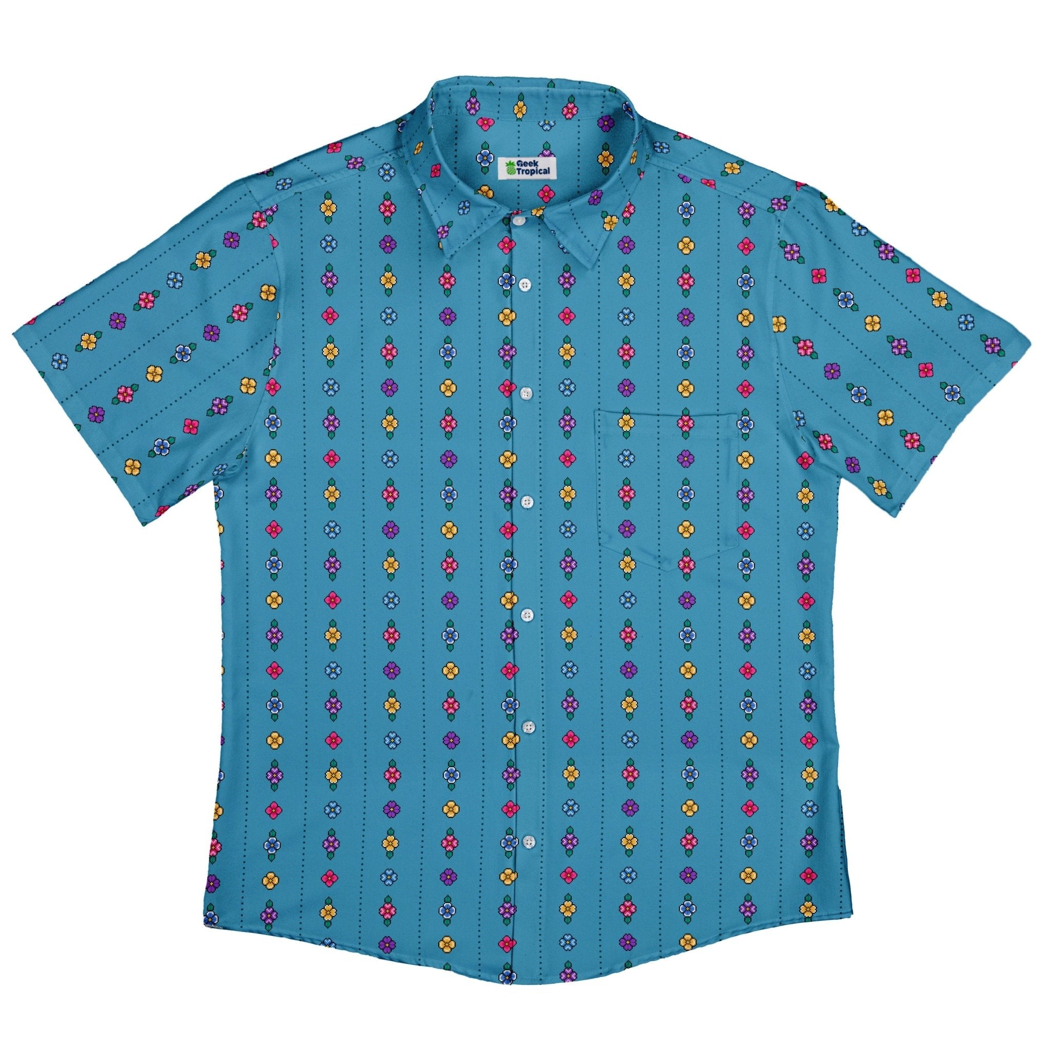 Arcade Pixel Flowers Button Up Shirt - adult sizing - Design by Dunking Toast - Simple Patterns